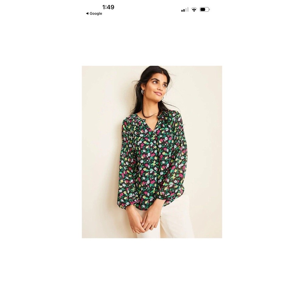 Ann Taylor Floral Peasant Blouse Smocked Balloon Sleeve Black L